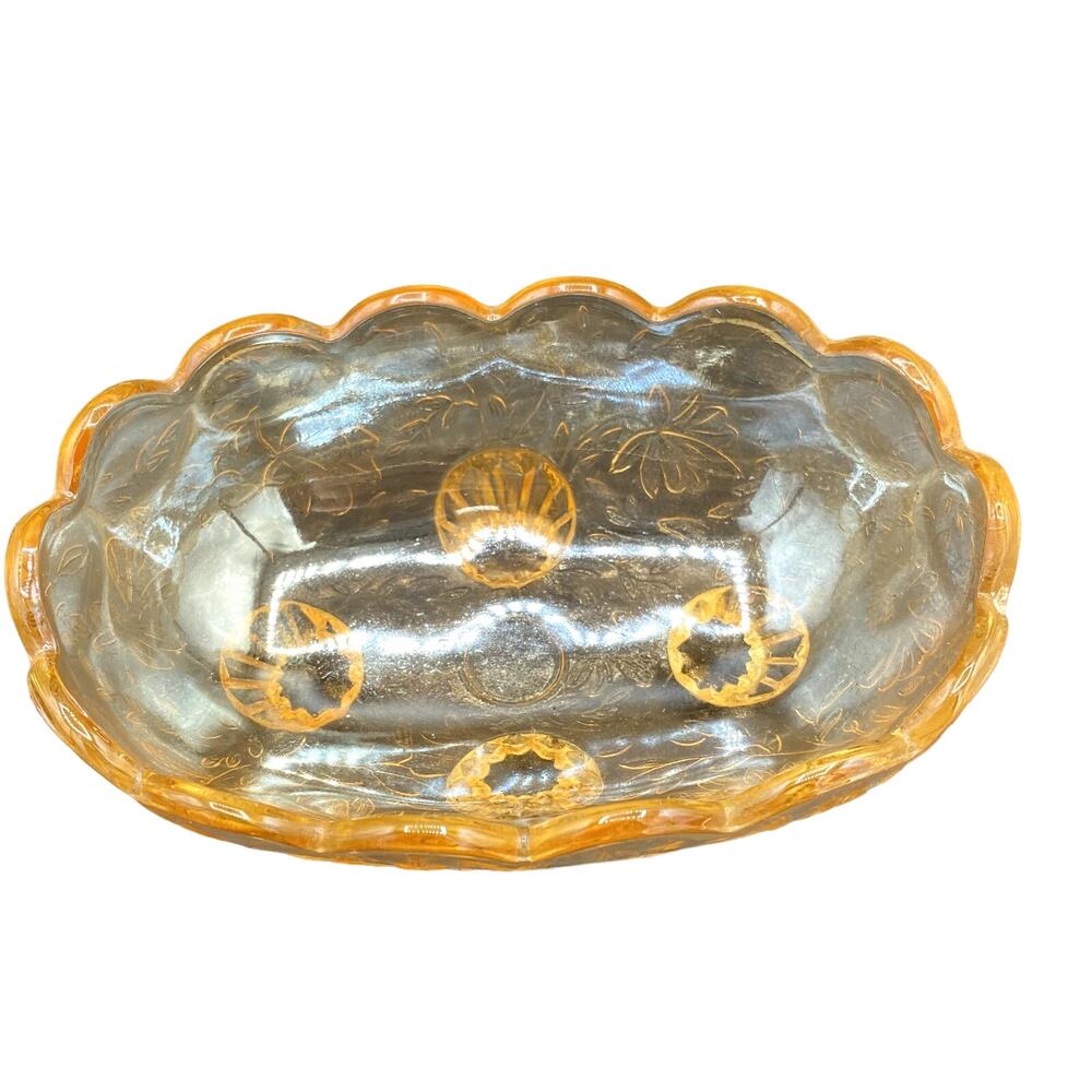 Vtg Jeanette Glass Louisa Floragold toed Oval Dish Carnival candy dish - Picture 3 of 4
